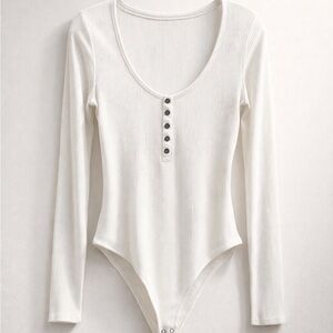 Hollister White Ribbed Button Bodysuit
